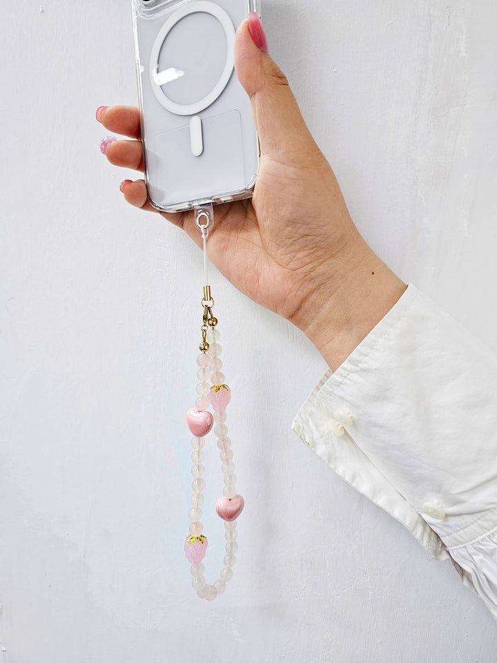 Rose Quartz With Pink Hearts Phone Strap PC017