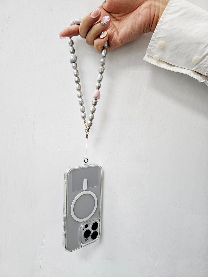 Gray Freshwater Pearls With Pink Hearts Phone Strap PC007
