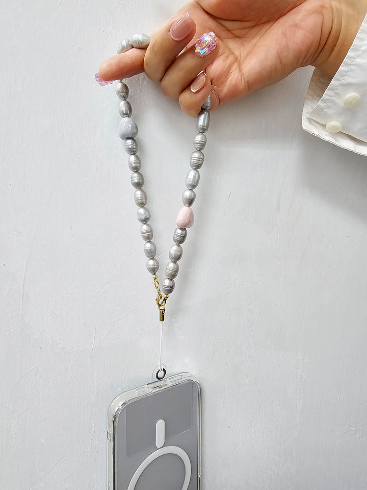 Gray Freshwater Pearls With Pink Hearts Phone Strap PC007