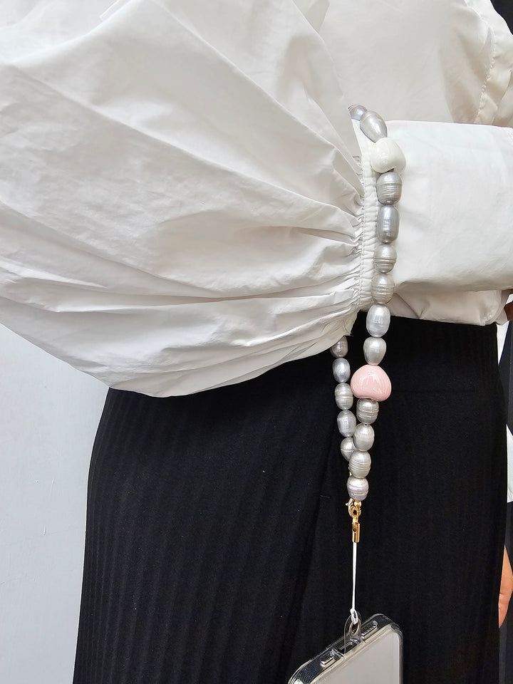 Gray Freshwater Pearls With Pink Hearts Phone Strap PC007