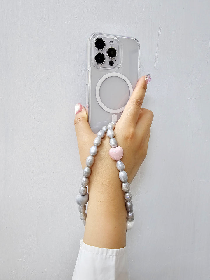 Gray Freshwater Pearls With Pink Hearts Phone Strap PC007