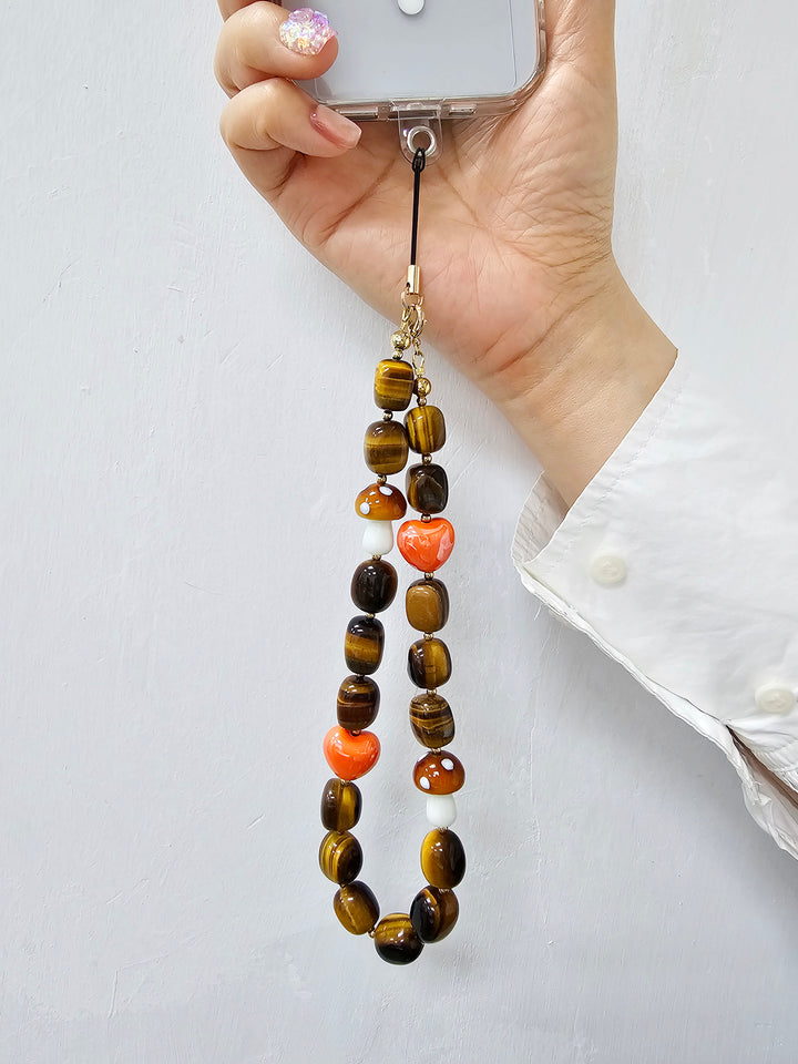 Nugget Tiger-eye With Mushroom And Heart Phone Strap PC024