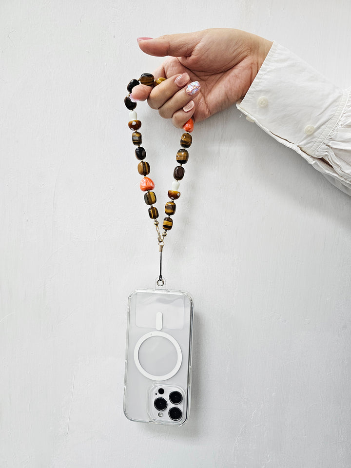 Nugget Tiger-eye With Mushroom And Heart Phone Strap PC024