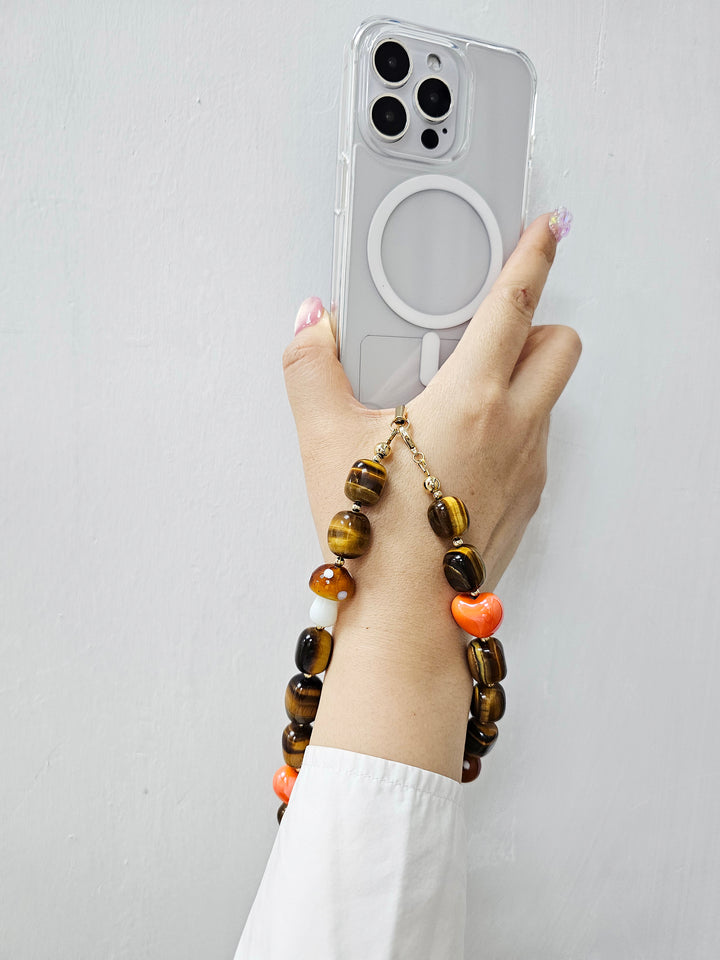 Nugget Tiger-eye With Mushroom And Heart Phone Strap PC024