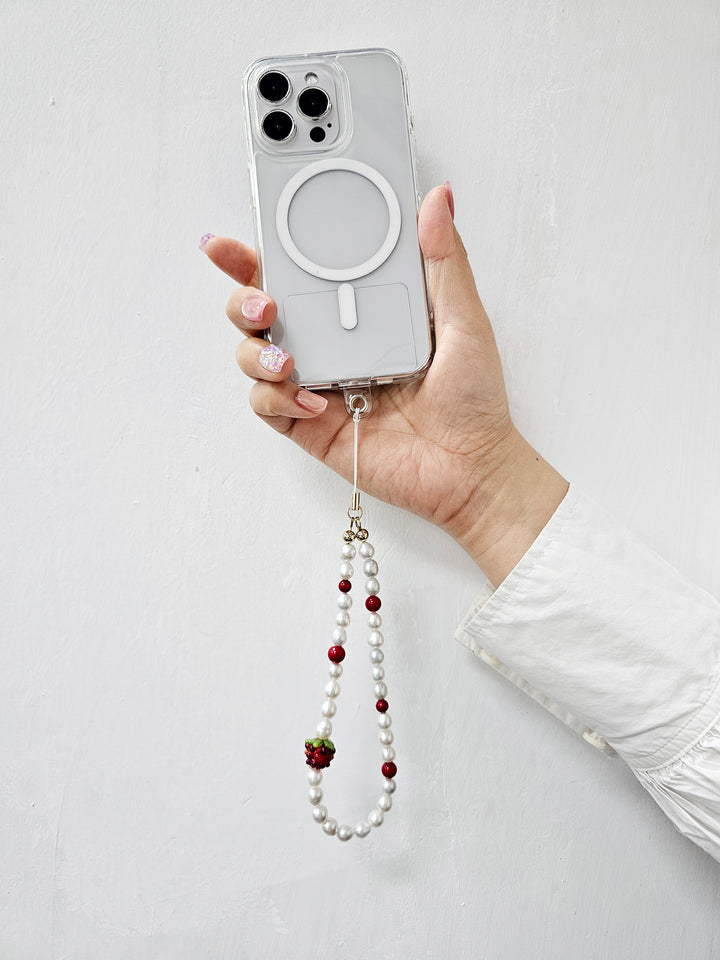 Freshwater Pearls With Red Raspberry And Bamboo Coral Phone Strap PC037