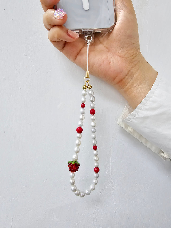 Freshwater Pearls With Red Raspberry And Bamboo Coral Phone Strap PC037