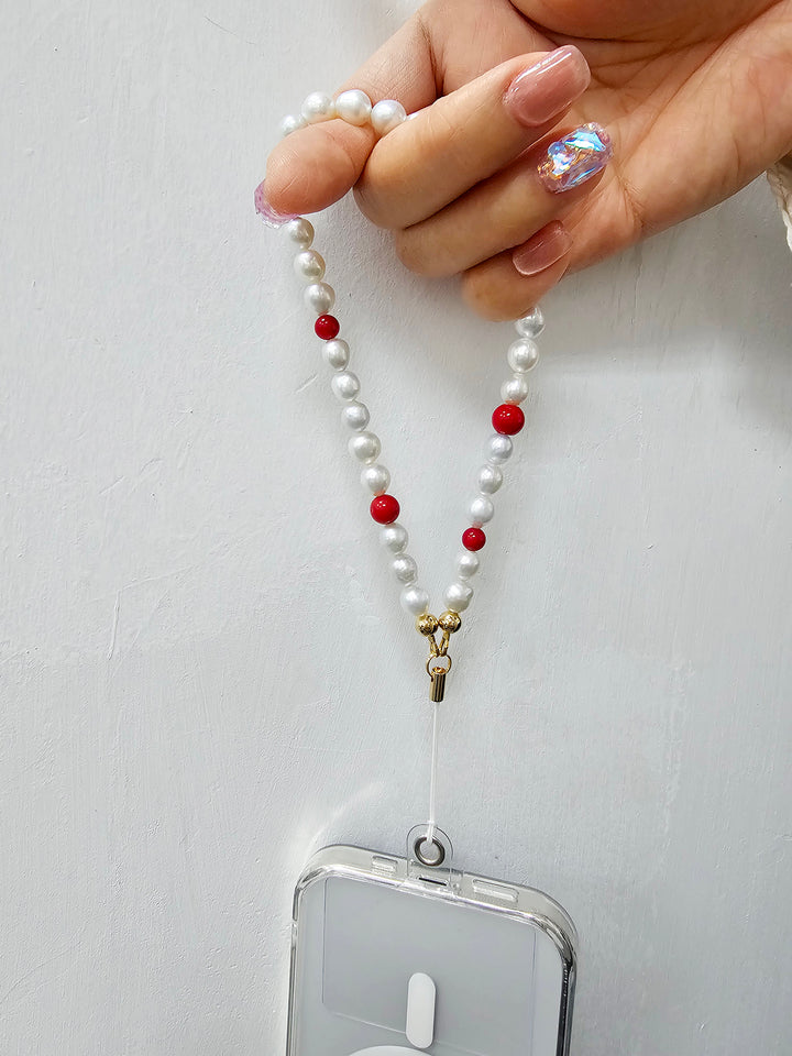 Freshwater Pearls With Red Raspberry And Bamboo Coral Phone Strap PC037