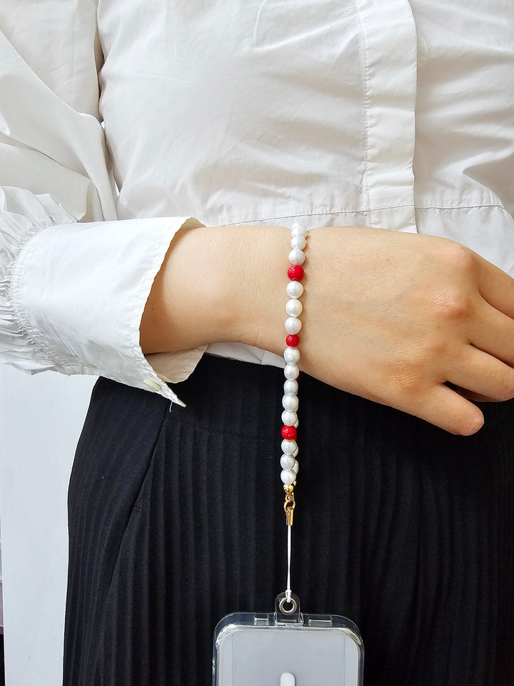 Freshwater Pearls With Red Raspberry And Bamboo Coral Phone Strap PC037