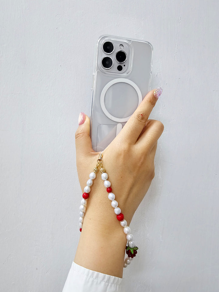 Freshwater Pearls With Red Raspberry And Bamboo Coral Phone Strap PC037
