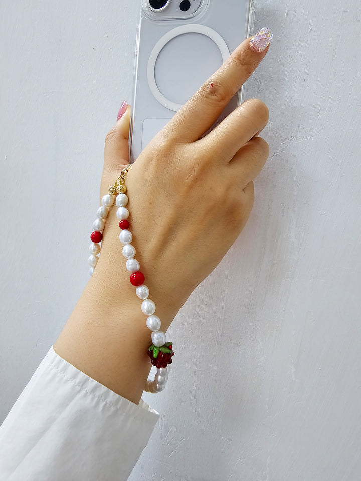 Freshwater Pearls With Red Raspberry And Bamboo Coral Phone Strap PC037