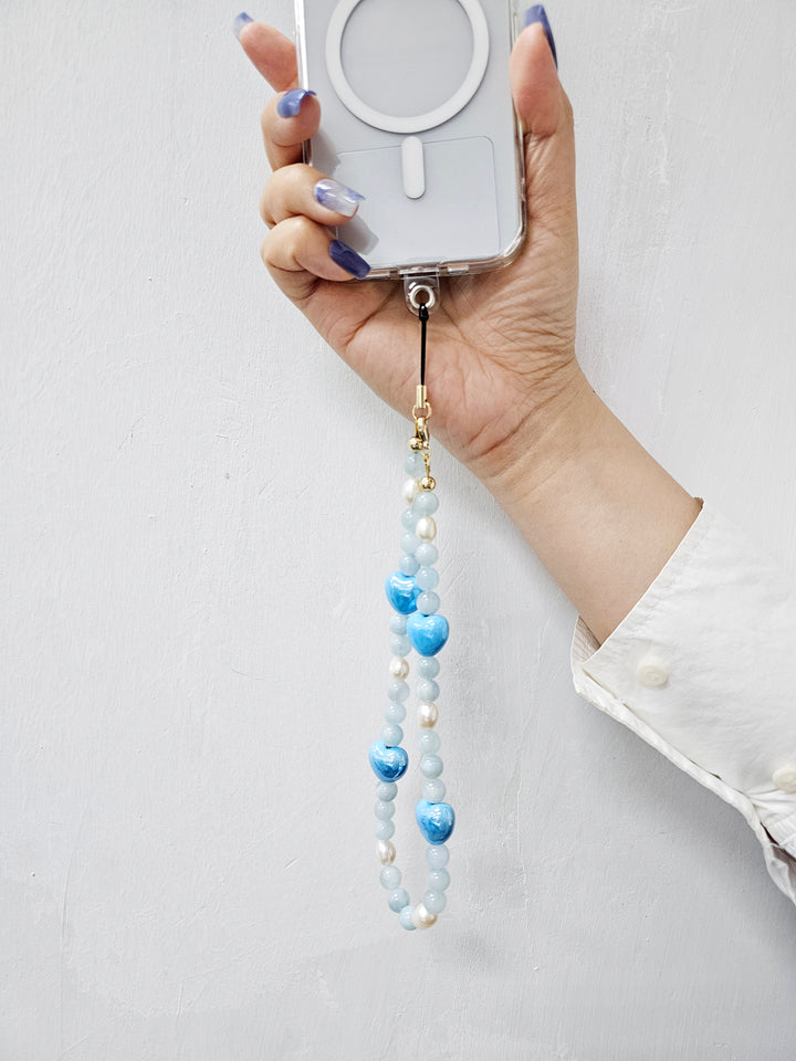 Natural Aquamarine And Freshwater Pearls With Hearts Phone Strap PC005