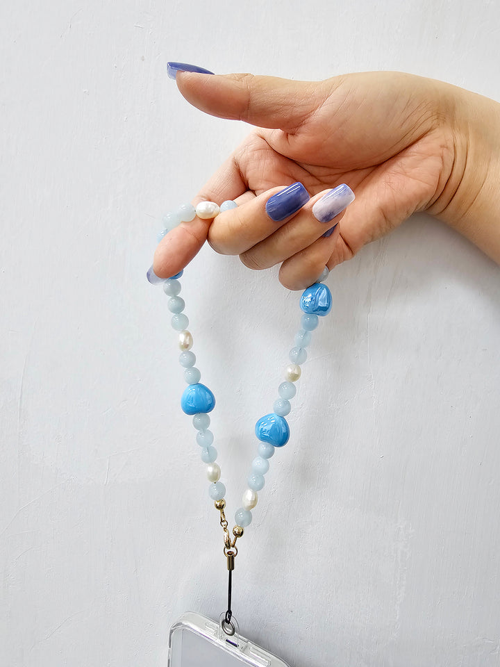Natural Aquamarine And Freshwater Pearls With Hearts Phone Strap PC005