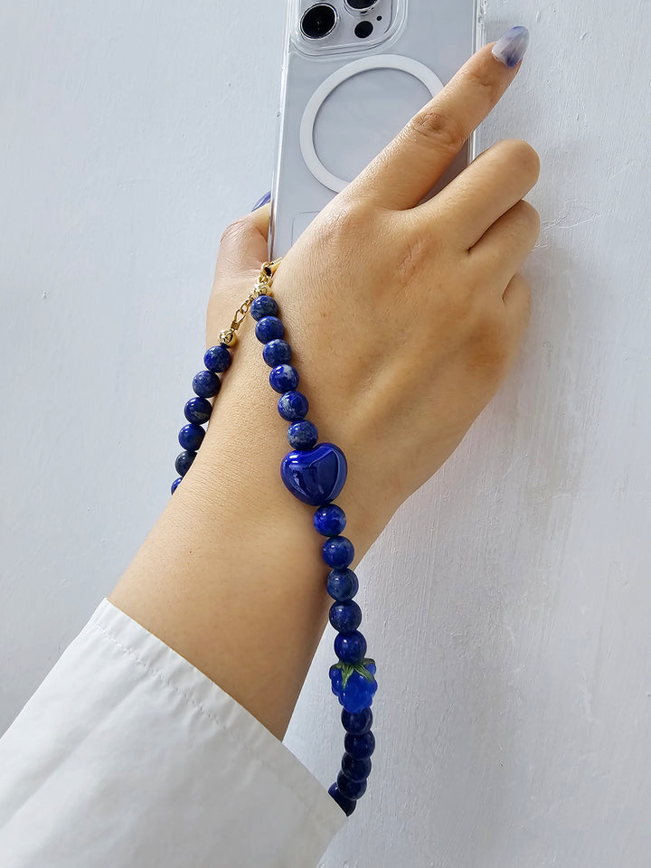 Natural Lapis Lazuli With Raspberry And Hearts Phone Strap PC020