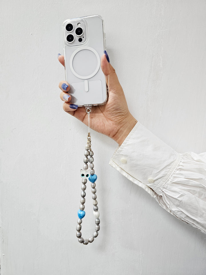 Gray Freshwater Pearls With Cat And Blue Heart Phone Strap PC003