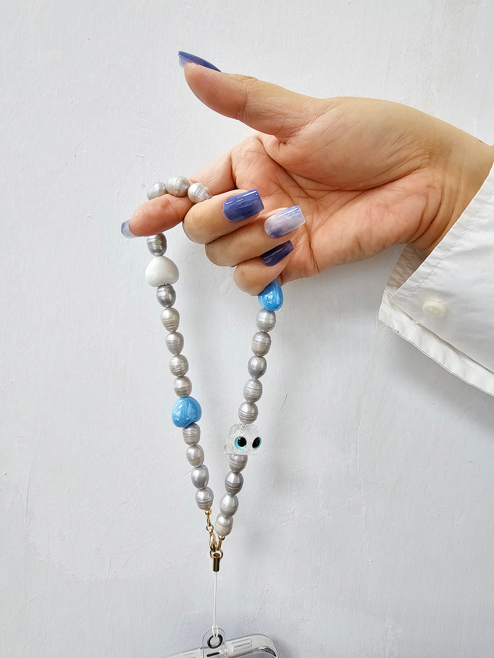 Gray Freshwater Pearls With Cat And Blue Heart Phone Strap PC003