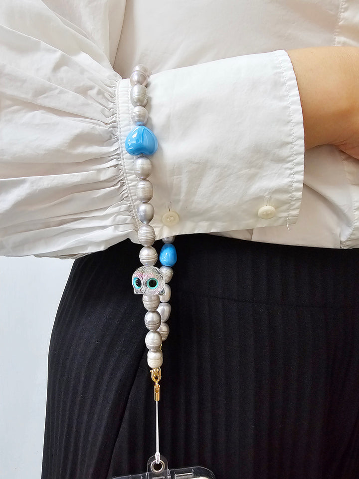 Gray Freshwater Pearls With Cat And Blue Heart Phone Strap PC003