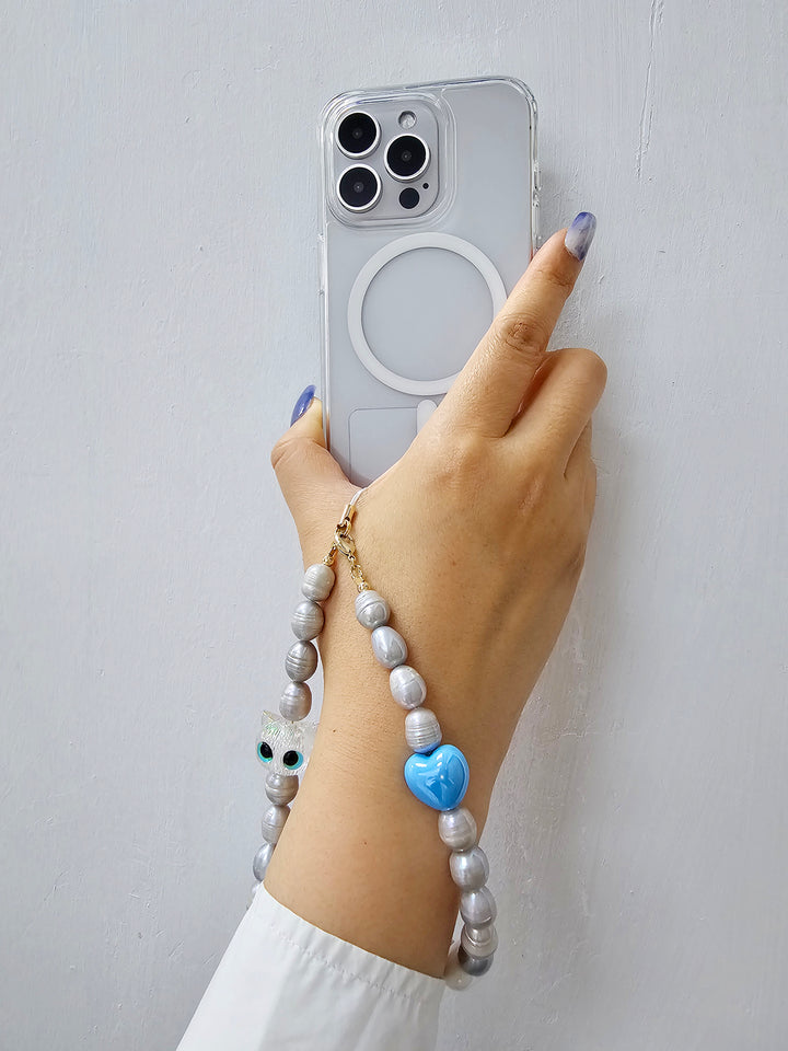 Gray Freshwater Pearls With Cat And Blue Heart Phone Strap PC003