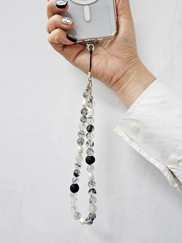 Black Rutilated Quartz With Lava Stone And Pearls Phone Strap PC016