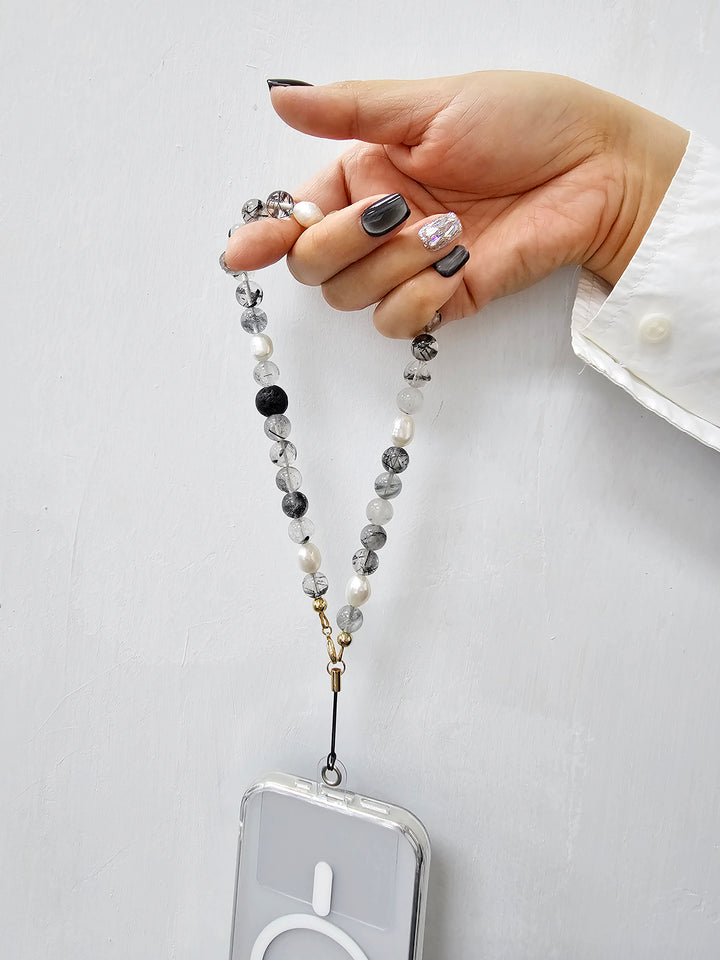 Black Rutilated Quartz With Lava Stone And Pearls Phone Strap PC016
