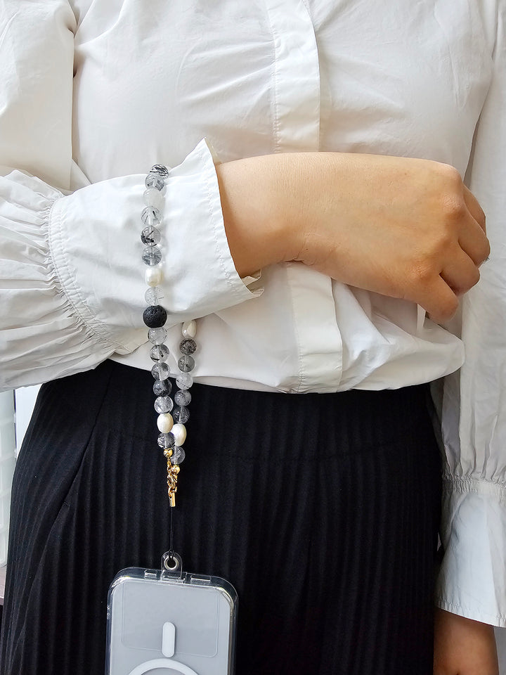Black Rutilated Quartz With Lava Stone And Pearls Phone Strap PC016