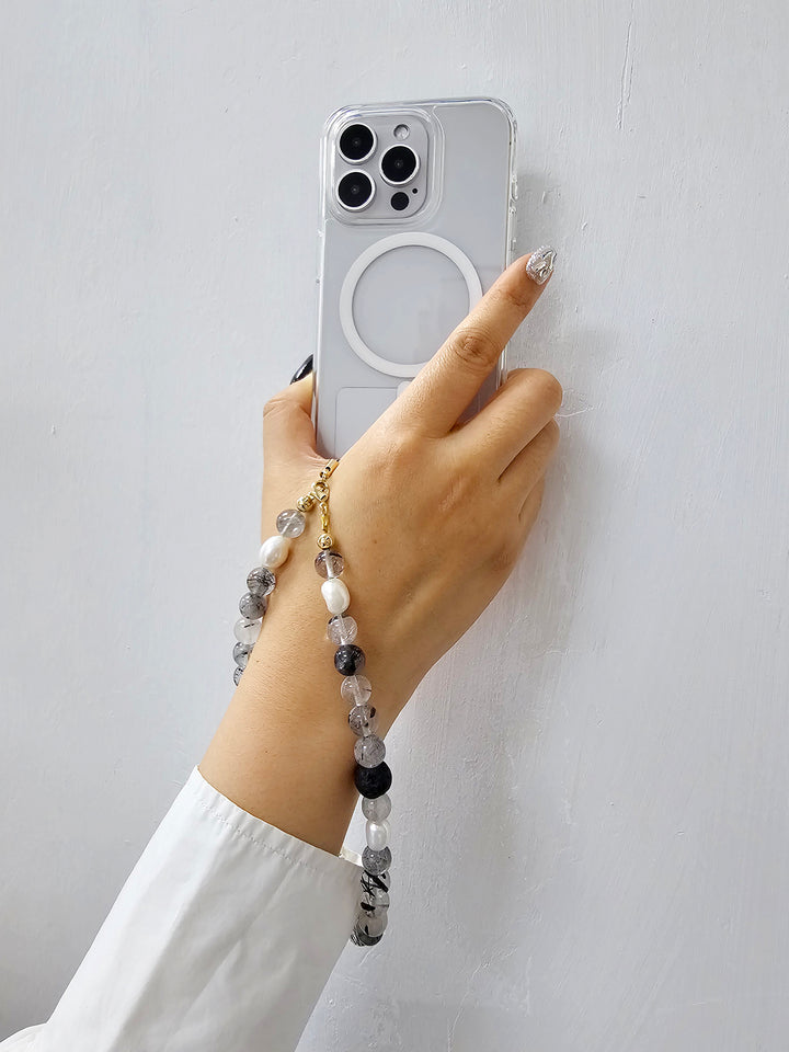 Black Rutilated Quartz With Lava Stone And Pearls Phone Strap PC016