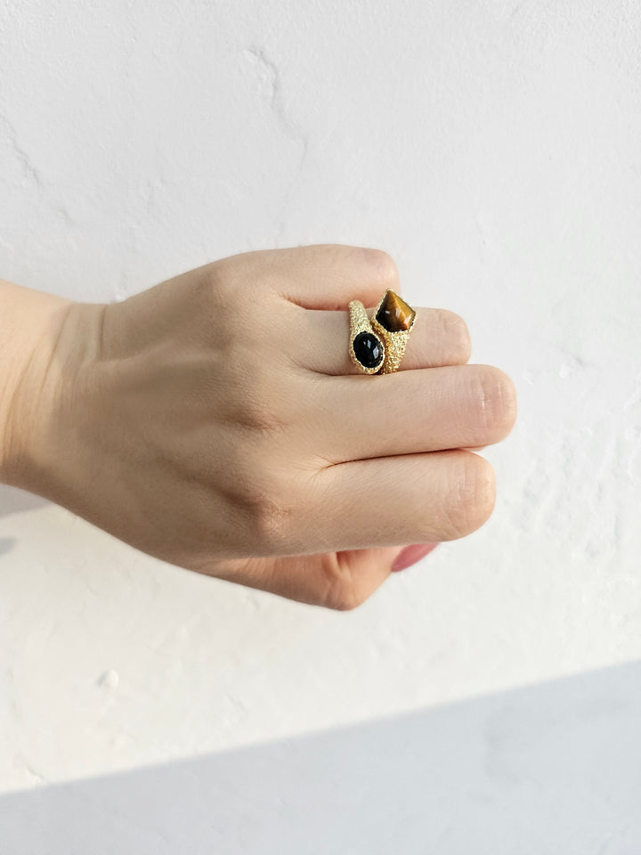 Brown Tiger-eye And Black Agate Open Ring PR019