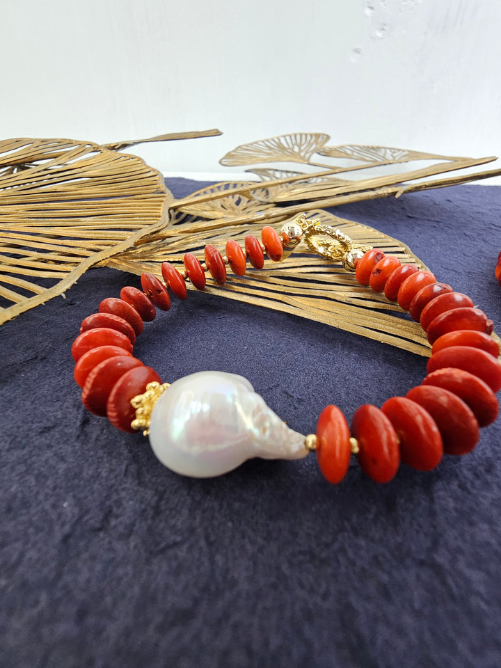 Red Bamboo Coral With Baroque Pearl Bracelet QB015
