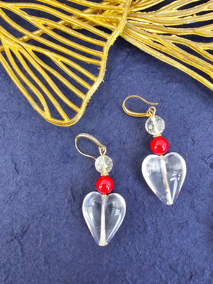Heart White Quartz With Red Bamboo Coral Earrings QE021