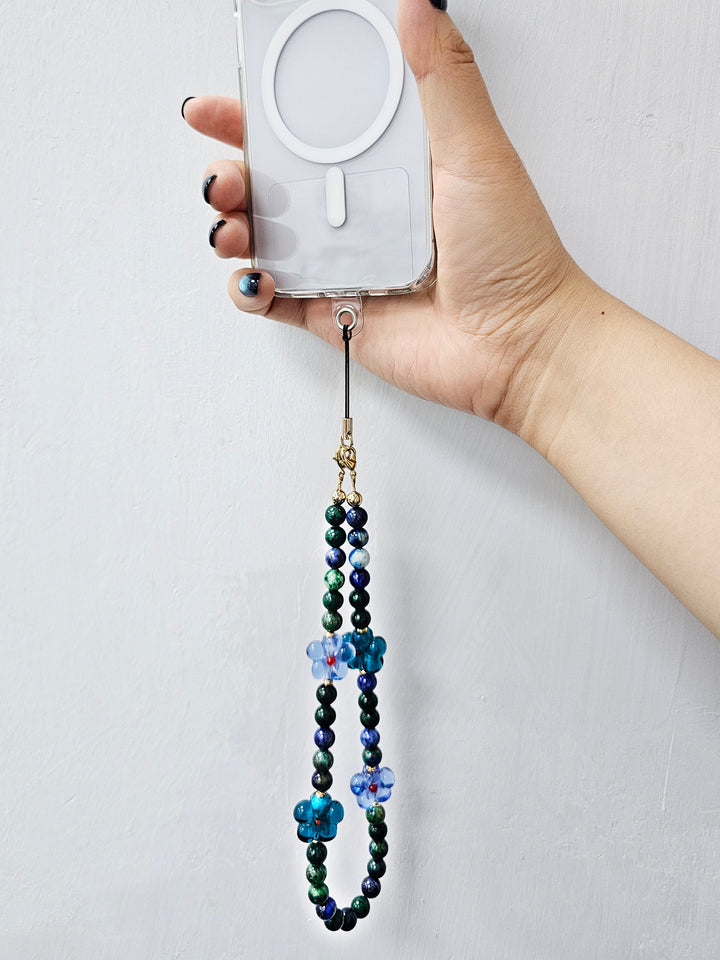 Phoenix Lapis Gemstone With Flowers Phone Semi-precious Stone Strap PC061