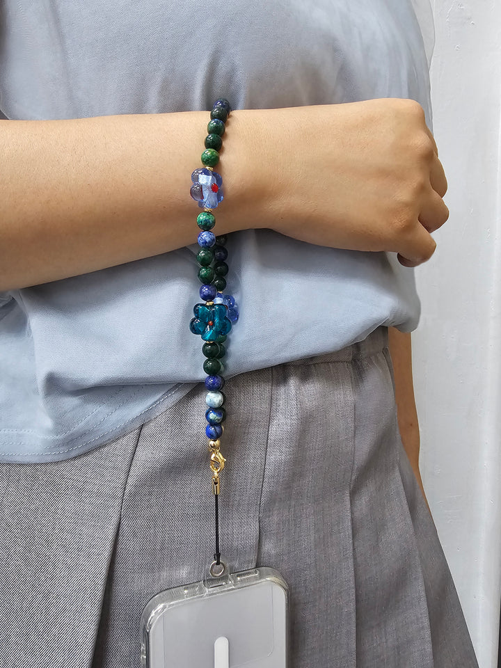 Phoenix Lapis Gemstone With Flowers Phone Semi-precious Stone Strap PC061