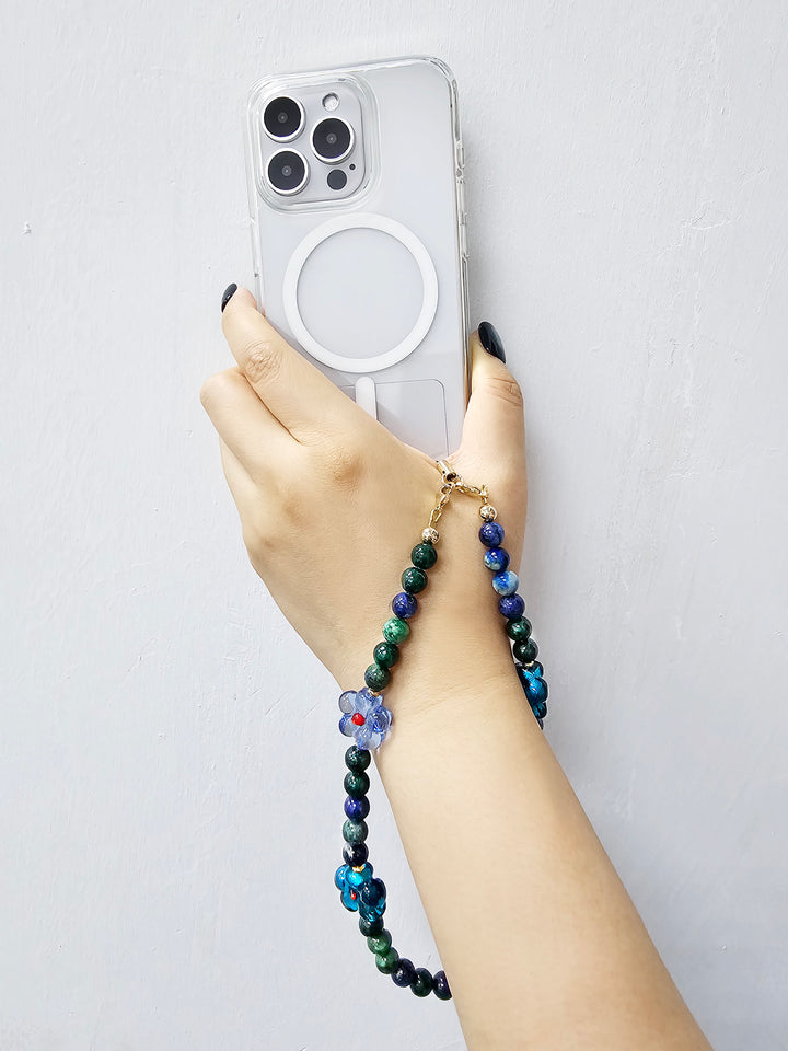 Phoenix Lapis Gemstone With Flowers Phone Semi-precious Stone Strap PC061