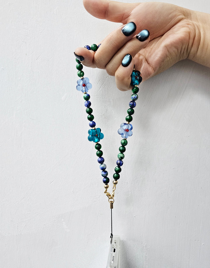 Phoenix Lapis Gemstone With Flowers Phone Semi-precious Stone Strap PC061