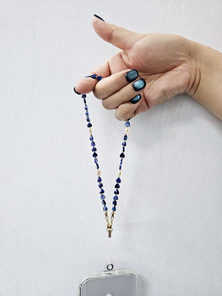 Heart Shaped Sodalite With Shell Flower Gemstone Phone Strap PC073