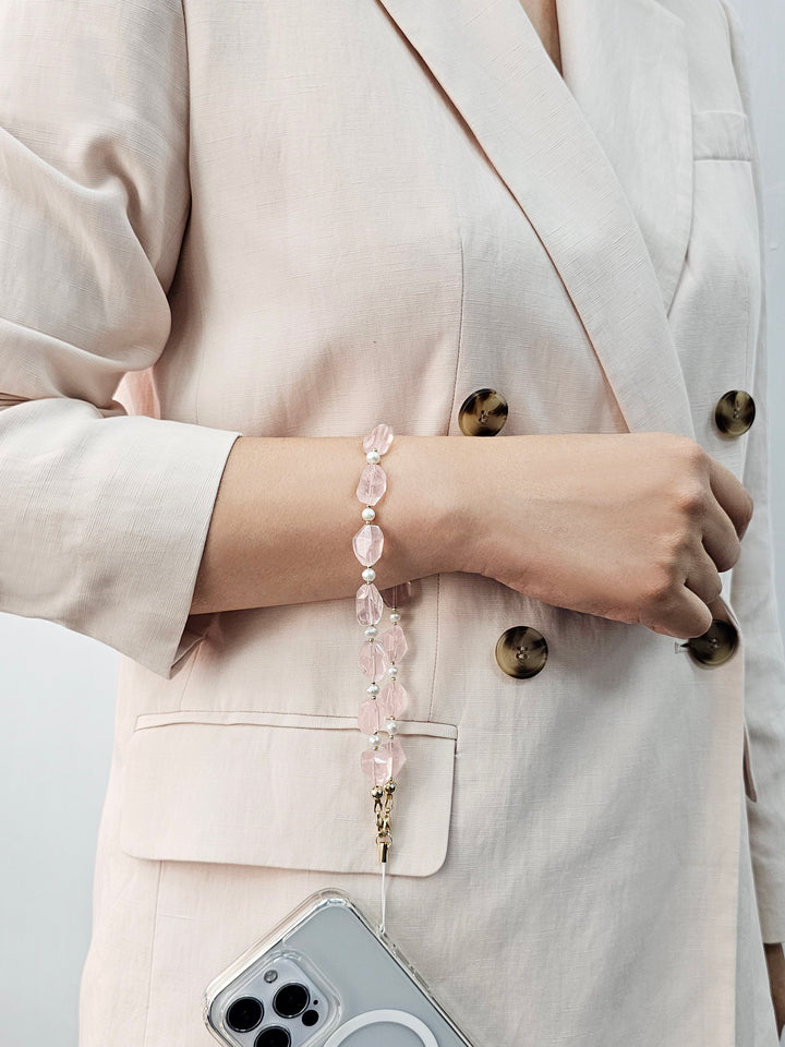 Faceted Rose Quartz With Freshwater Pearls Gemstone Phone Strap PC055