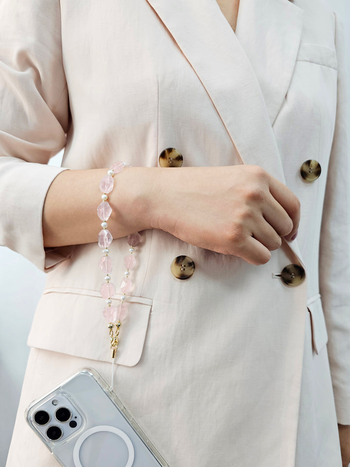 Faceted Rose Quartz With Freshwater Pearls Gemstone Phone Strap PC055