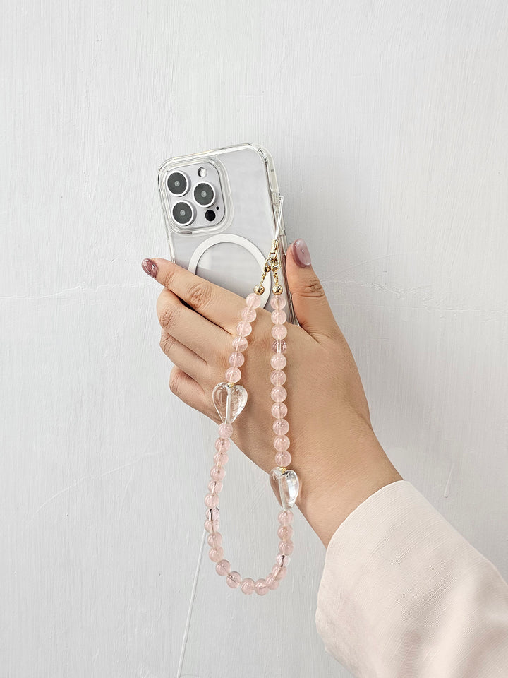 Rose Quartz With White Quartz Hearts Gemstone Phone Strap PC054