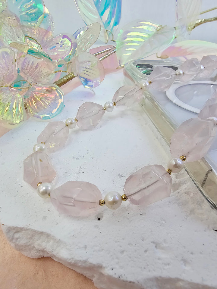 Faceted Rose Quartz With Freshwater Pearls Gemstone Phone Strap PC055
