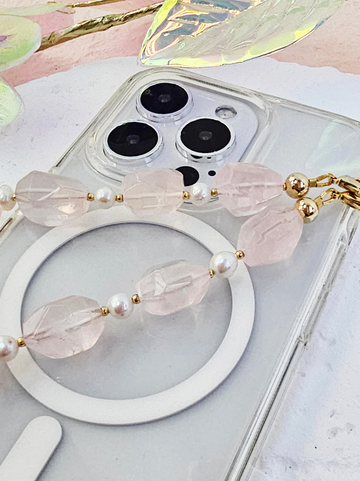 Faceted Rose Quartz With Freshwater Pearls Gemstone Phone Strap PC055