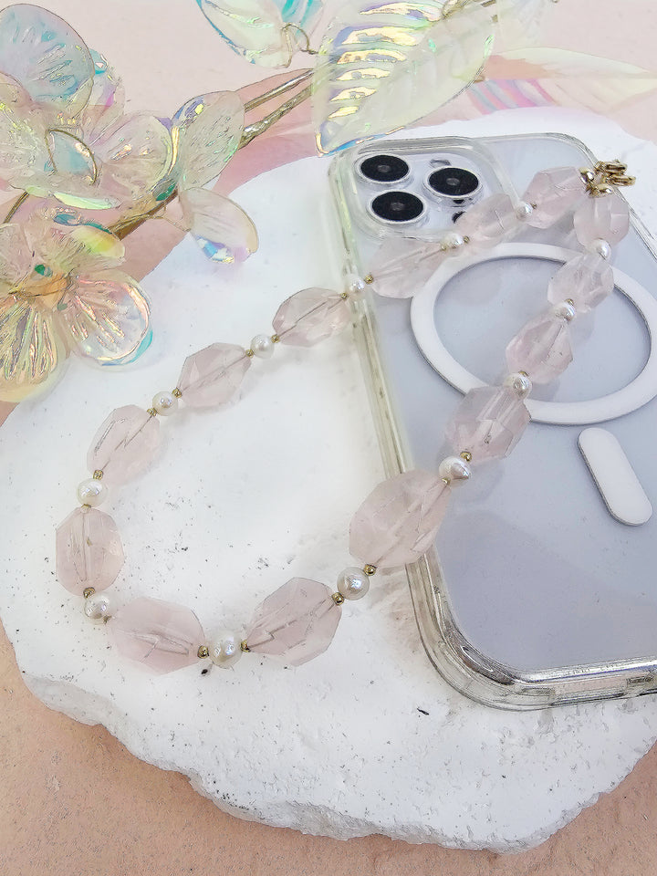 Faceted Rose Quartz With Freshwater Pearls Gemstone Phone Strap PC055