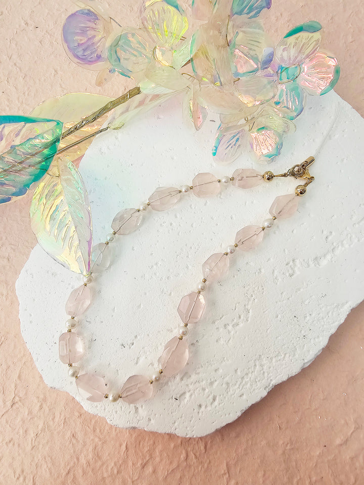 Faceted Rose Quartz With Freshwater Pearls Gemstone Phone Strap PC055