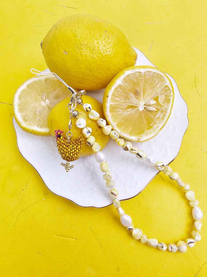 Yellow Shell With Beaded Chicken Charm Phone Strap PC066