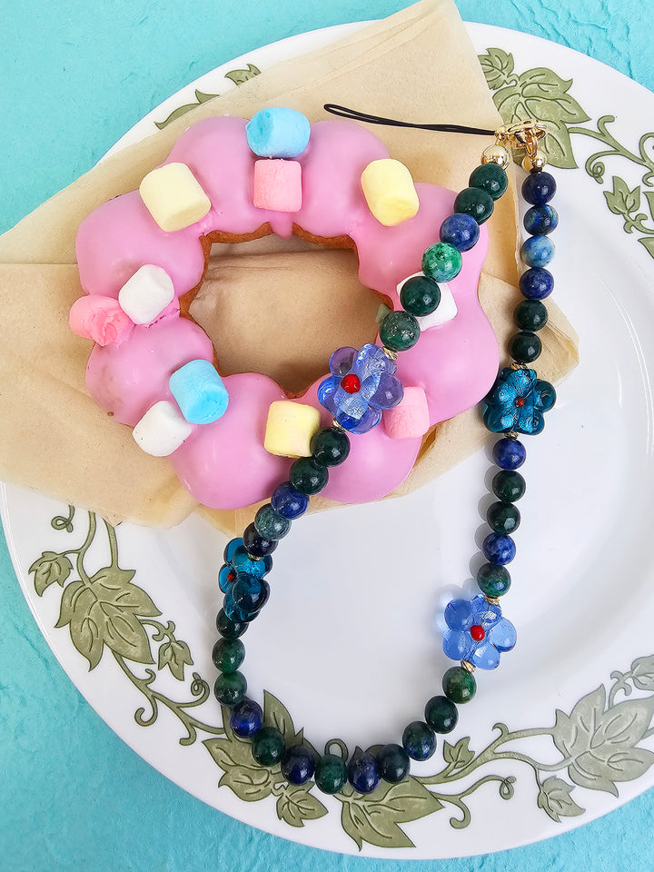 Phoenix Lapis Gemstone With Flowers Phone Semi-precious Stone Strap PC061