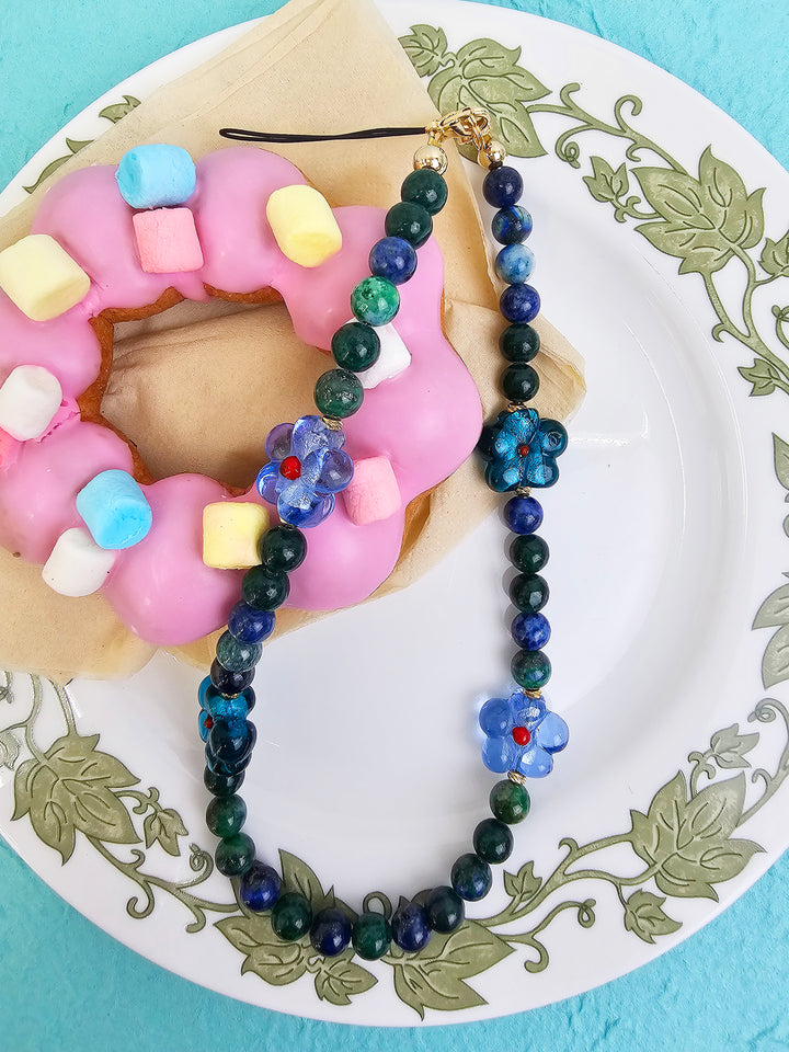 Phoenix Lapis Gemstone With Flowers Phone Semi-precious Stone Strap PC061