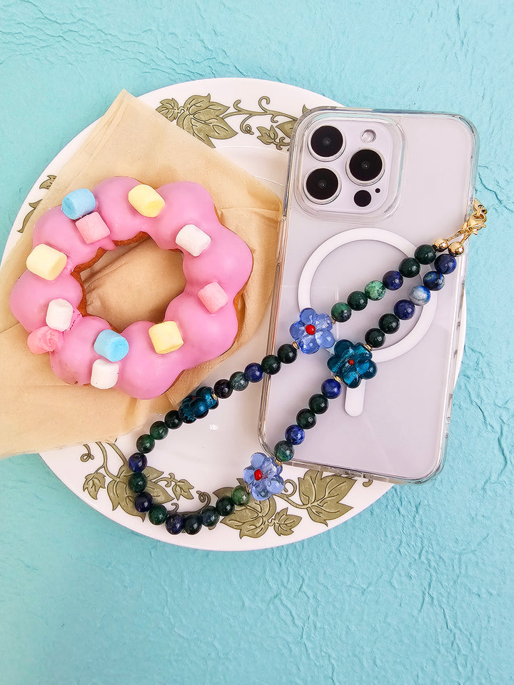Phoenix Lapis Gemstone With Flowers Phone Semi-precious Stone Strap PC061