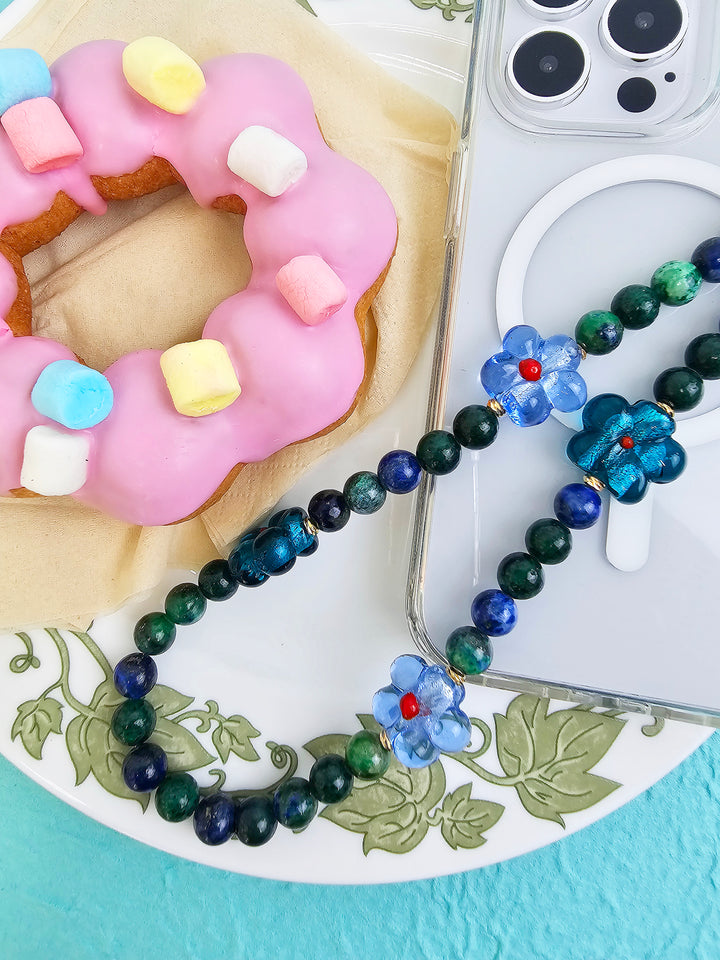 Phoenix Lapis Gemstone With Flowers Phone Semi-precious Stone Strap PC061