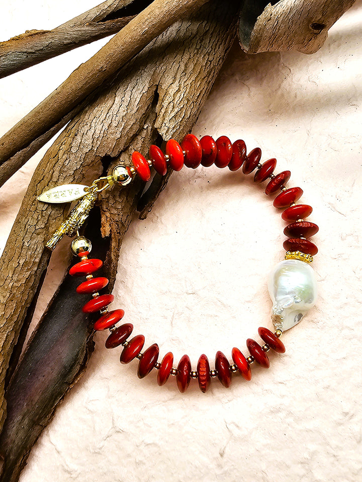 Red Bamboo Coral With Baroque Pearl Bracelet QB015