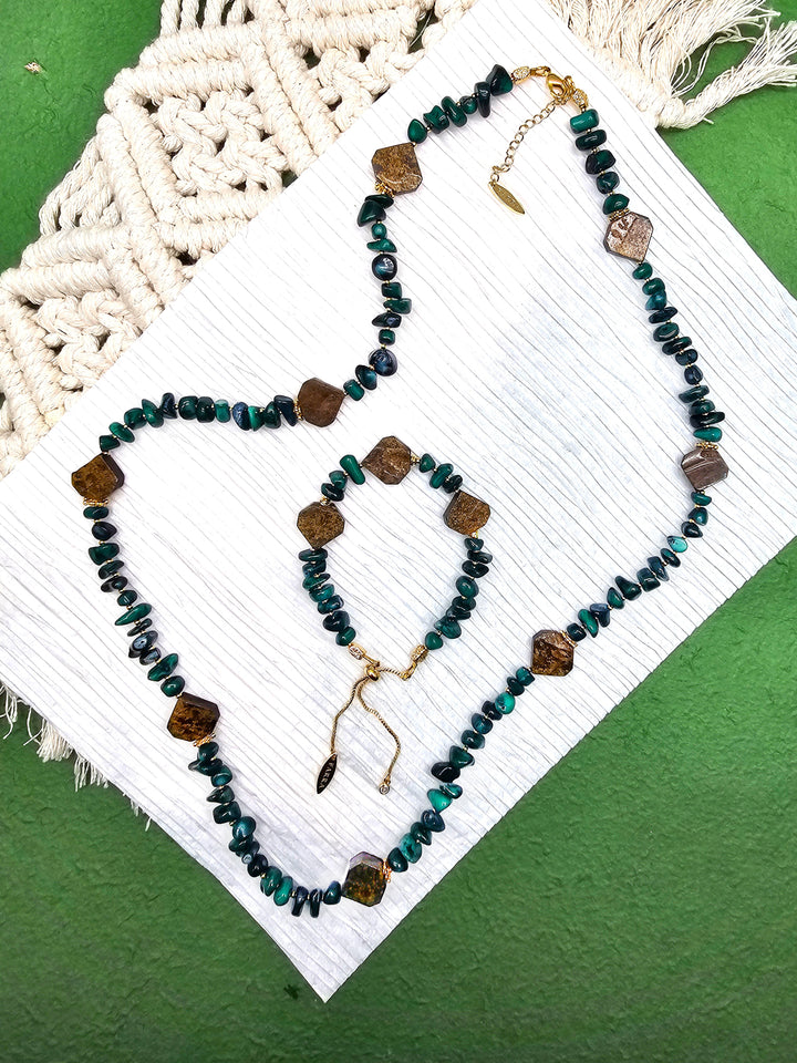 Green Bamboo Coral With Tiger-eye Stone Long Necklace QN015