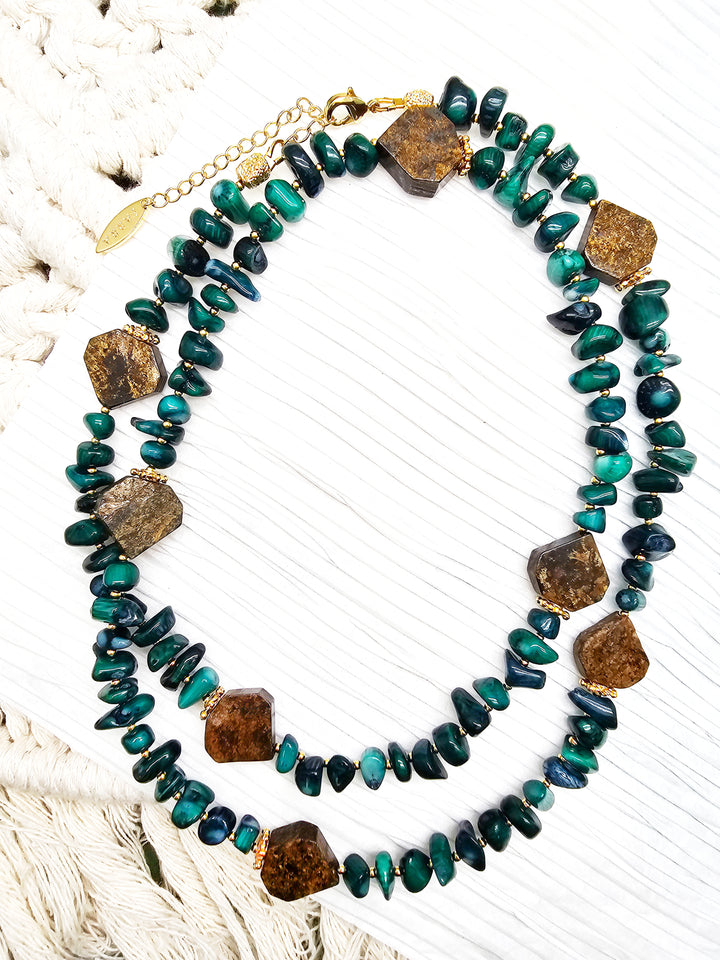 Green Bamboo Coral With Tiger-eye Stone Long Necklace QN015