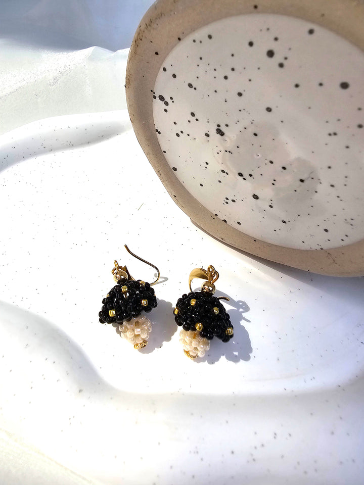 Black Beaded Mushroom Playful Earrings QE022