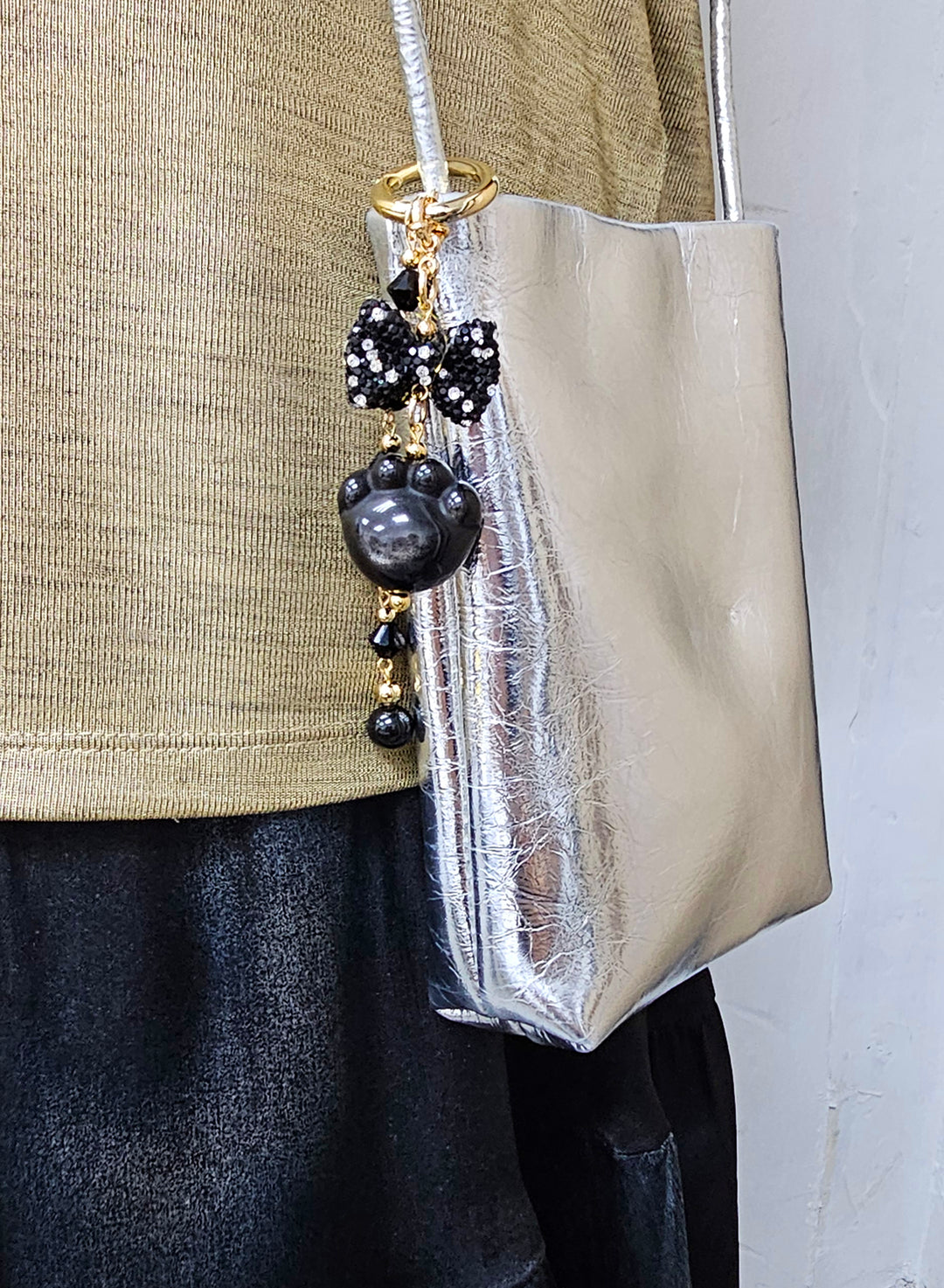 Black Obsidian Cat Paw With Bowknot And Tassel Bag Charm